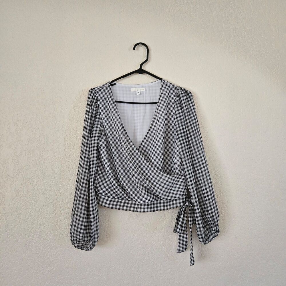 June + Hudson Checkered Long Sleeve Blouse Size Medium